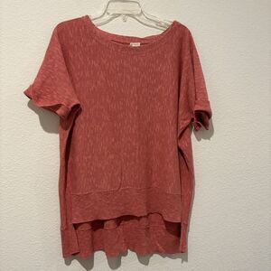 Eileen Fisher Short Sleeve Boxy Sweater Shirt Top Womens Medium Hi Low Hem Pink